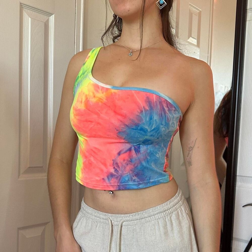 vibrant multi color tie dye rainbow one shoulder crop top  💛🩷💙